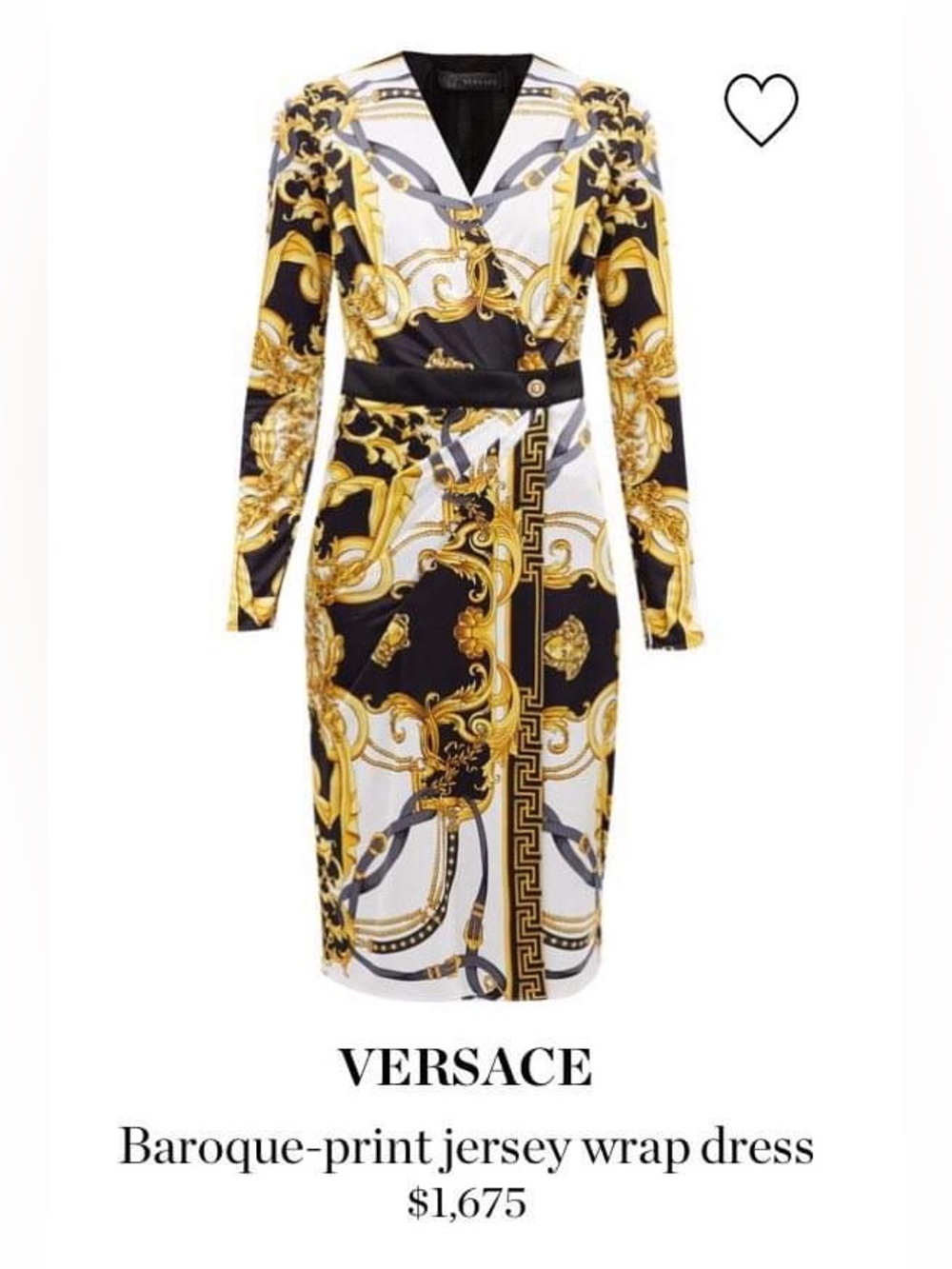 Versace Black White Gold Baroque-Print Midi Wrap Dress, Italy Size 42